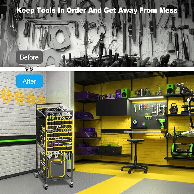 JUNNUJ Large Power Tool Organizer Cart with Charging Station, Garage Floor Standing Rolling Drill and Tools Battery Storage Cart on Wheels, Heavy Duty Rack Shelf with 8 Outlet Power Strip, Yellow - Image 7