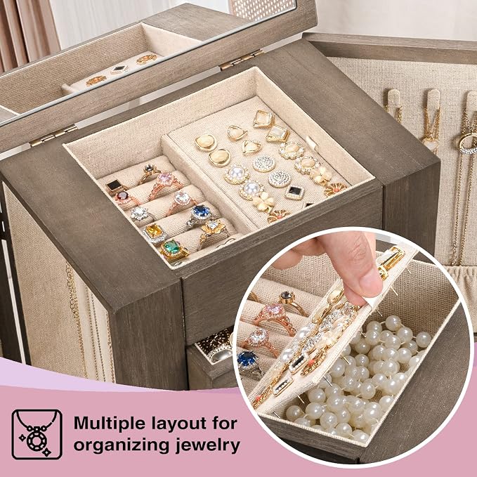 Emfogo Jewelry Box for Women, 5 Layer Large Wood Jewelry Boxes & Organizers for Necklaces Earrings Rings Bracelets, Rustic Jewelry Organizer Box with Drawers and Mirror(Weathered Gray) - Image 4