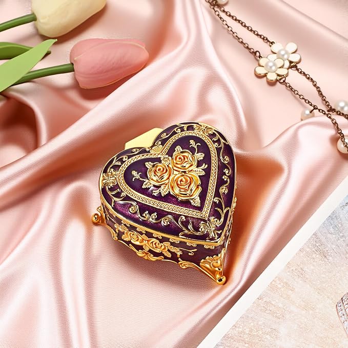 Hipiwe Decorative Jewelry Box Purple Vintage Jewelry Storage Case with Rose Pattern Heart Shaped Treasure Chest Box for Earrings Ring Necklace Keepsake Organizer - Image 2