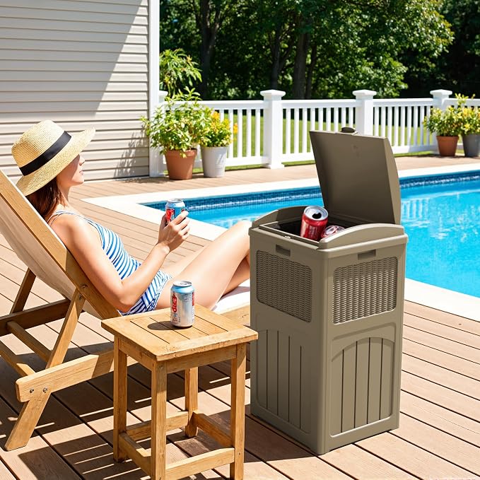 Greesum 33 Gallon Outdoor Trash Can with Lid (2-Pack), Heavy Duty Resin Garbage Bin, Waterproof & UV Resistant for Patio, Garden, Deck, Yard, Light Coffee - Image 6