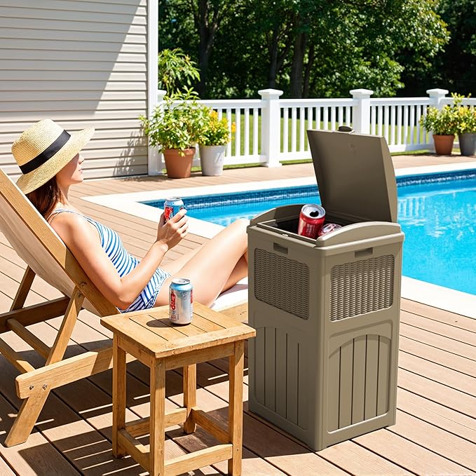 Greesum 33 Gallon Resin Outdoor Trash Can with Lid, Waterproof Resin Garbage Bin for Hideaway, Patio, Deck, 3 Pack, Light Brown - Image 7