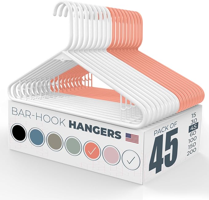 Neaties Plastic Hangers 45 Pack - Made in the USA - 6lb Capacity Standard Clothes Hangers with Strap Hooks for Dresses, Lingerie, Shirts, Pants, and Jackets - White & Orange by NeatiesHangers