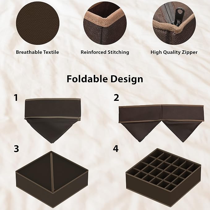 Simple Houseware 4-Pack Drawer Organizer Set - Closet Dividers for Underwear, Socks, Bras, Scarves, Ties - Foldable Non-Woven Storage Boxes, Brown - Image 5