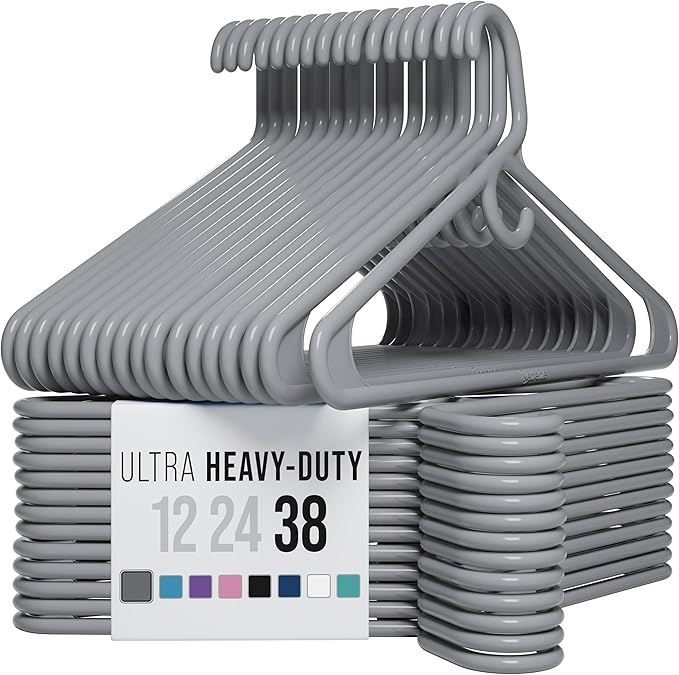NEATERIZE Thick Heavy Duty Hangers - Grey Plastic Clothes Hangers 38 Pack - Great for Coat Hanger, Jackets Jeans & Suit Hanger for Closet - New Apartment Essentials Percheros Ganchos para Colgar Ropa by Neaterize