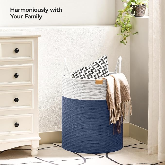 Nunsino Laundry Hamper 62L,Large Laundry Basket for Clothes,Decorative Storage Basket for Blankets,Cotton Rope Woven basket for bedroom,Navy Blue - Image 2