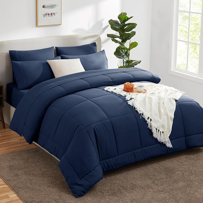 CozyLux Oversized Queen Comforter Sets Navy Blue, 7 Pieces Bed in a Bag, Ultra-Soft All Season Bedding Sets with Stitch Quilted Comforter, Flat Sheet, Fitted Sheet, Pillowcases