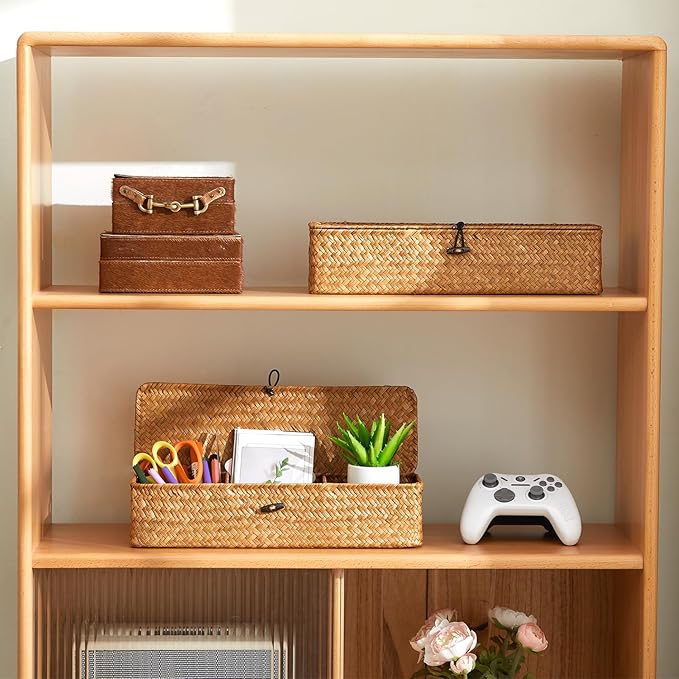 Nonam Seagrass Storage Small Basket with Lid - 3-Section Divided Organizer for Tea,Sugar,Coffee,Tampons - Woven Shelf Bin for Closet, Toilet Tank - Rectangular Narrow Boho Basket Home Decor - Image 4