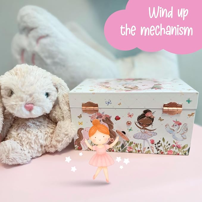The Memory Building Co Ballerina Musical Jewelry Box Plays Classic Melody, Storage Organizer Music Box for Kids Ages 6-12, MDF Wood w/ 2 Fabric Lined Ring Bracelet Necklace Treasure Compartments - Image 6