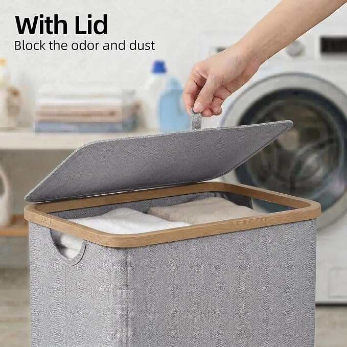 efluky Laundry Basket with Lid and Removable Bag, 100L Tall Laundry Hamper with Bamboo Handles, Aesthetic Dirty Clothes Bin for Laundry Room, Bathroom, Bedroom and Dorm, Silver Grey - Image 4