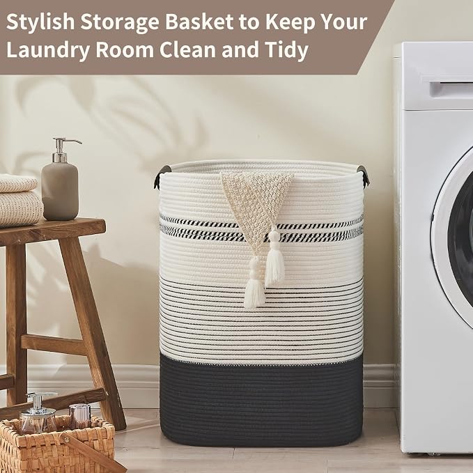 AINUOQI Laundry Basket with Handles - Blanket Basket & Hampers for Bedroom Aesthetic, Laundry Hamper & Blanket Storage for Living Room, Clothes Hamper, Tall, Large 17" x 14" x 22”, Black & White - Image 5