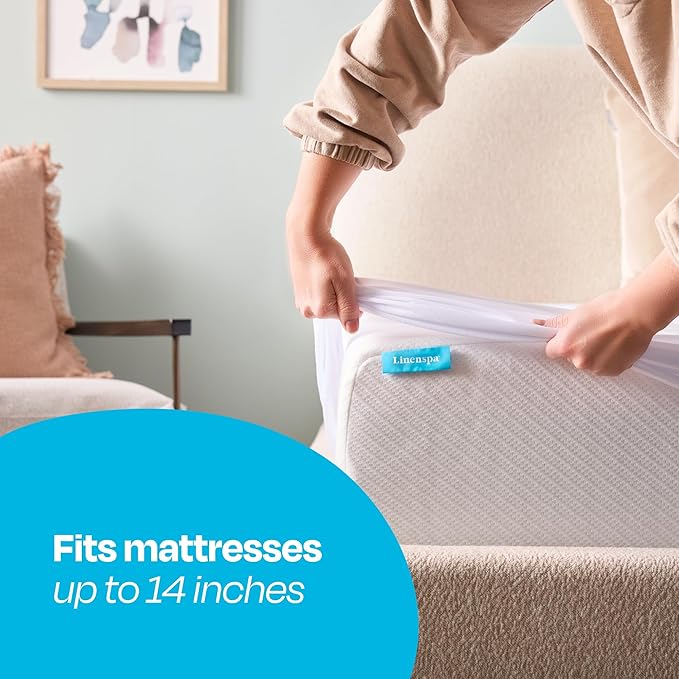 Linenspa Waterproof Mattress Protector, Full XL Size – Fitted Sheet Style, Breathable, Machine Washable & Dryer Safe, White