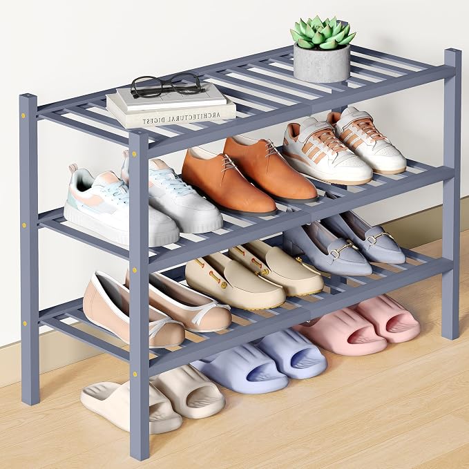 Smiry Bamboo Shoe Rack for Closet, 3 Tier Wooden Stackable Shoe Organizer, Free Standing Shoes Storage Shelf for Entryway, Front Door Entrance, Grey by Smiry