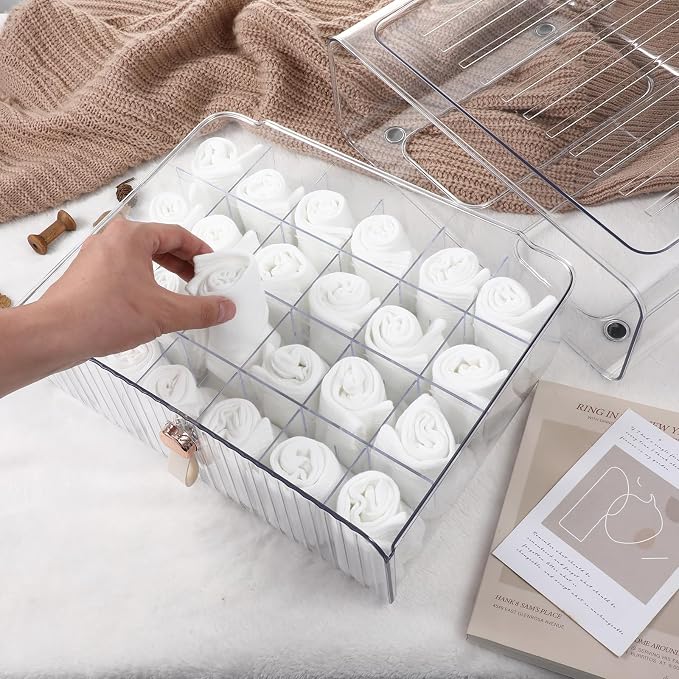 Dimeho 24 Cell Plastic Sock Organizer Underwear Drawer Organizer Acrylic Stackable Storage Drawer Underwear Storage Box with Dividers for Panties Closet Bra Baby Clothes Belts Ties Scarf - Image 6