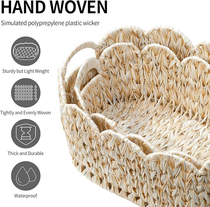 Coeusy Wicker Scalloped Basket Set of 2,Woven Storage Baskets for Shelves,Closet,Laundry,Gifts,Towels,Books,Toys,Waterproof Boho Decor Basket for Organizing - Image 6