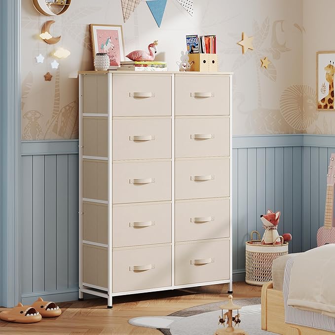 WLIVE Tall Dresser for Bedroom with 10 Drawers, Chest of Drawers, Fabric Dresser for Closet, Hallway, Living Room, Entryway, Cream White