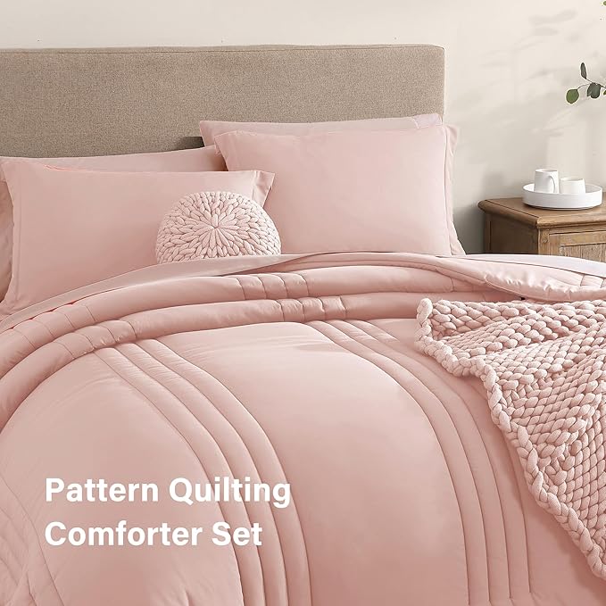 Monbix Twin XL Size Comforter Set - Extra Long 5 Pieces Dorm Bedding Sets, Quilting Design Fluffy Bed in a Bag Twin XL with Sheets, Pillowcase & Sham(Light Pink)