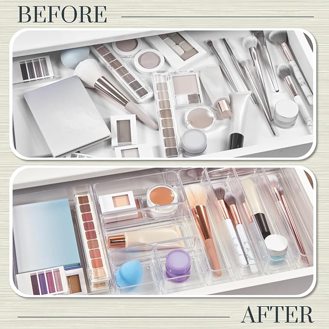 STORi SimpleSort 10-Piece Stackable Clear Drawer Organizer Set | Multi-size Trays | Makeup Vanity Storage Bins and Office Desk Drawer Dividers | Made in USA - Image 6