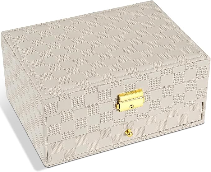 GUOER Jewelry Box for Women Girl Wife - Large PU Leather Jewelry Organizer Storage Case with Two Layers Display for Earrings Bracelets Rings Watches (Light Khaki) by GUOER