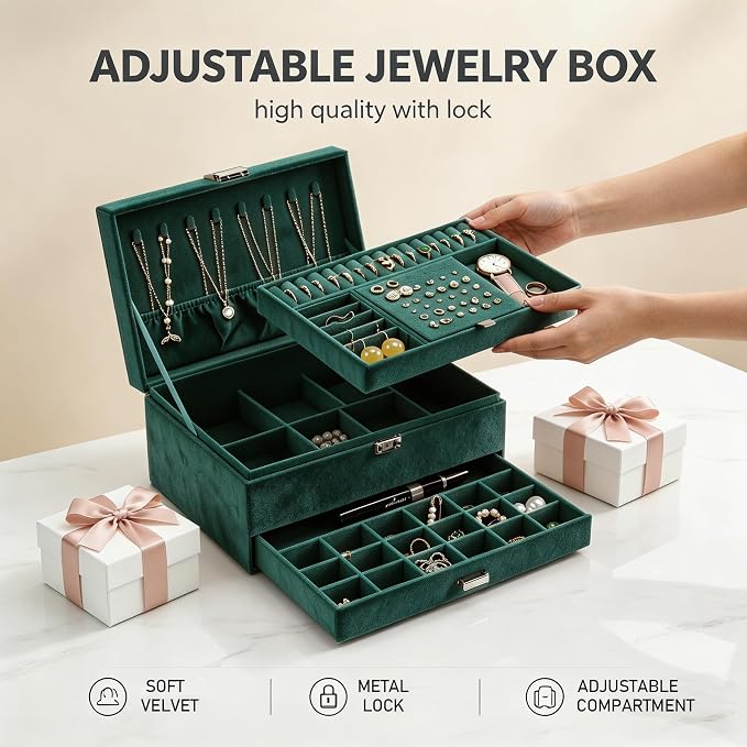 Jewelry Organizer Box for Women Girls, Jewelry Box 3-Tier Jewelry Display Case and Organizer,Lockable Jewelry Display Case Anti Tarnish,Varying Compartments for Necklaces, Bracelets, Rings - Image 5