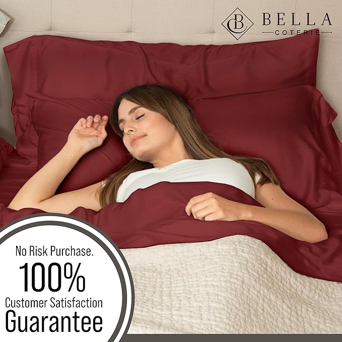Bella Coterie 6 Piece Luxury Bamboo Viscose California King Size Sheet Set | 100% Organically Grown | Cooling for Hot Sleepers | 18" Deep Pocket | Soft & Hypoallergenic | 4 Pillowcases [Merlot]