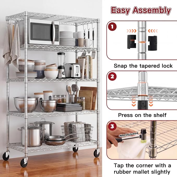 PrimeZone 2 Pack Steel Storage Wire Shelving 5 Tier Metal Shelves with Wheels,Adjustable Kitchen Utility Shelving Unit,Pantry Rack Rolling Metal Shelf Laundry,Chrome 24" Wx18 Dx75 H - Image 6