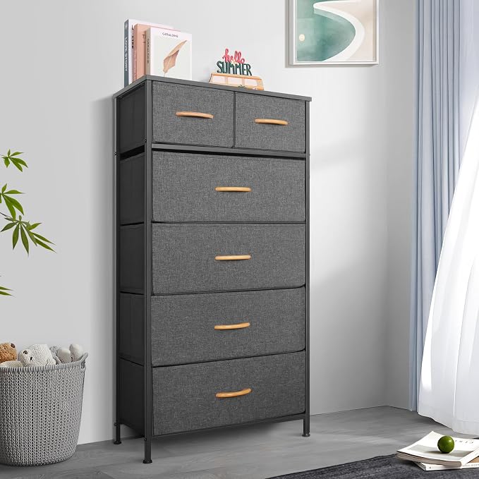 Mifuro Tall Dresser for Bedroom, Vertical Storage Organizer Tower with 6 Drawers, Chest of Drawers with Fabric Bins, Steel Frame, Wood Top for Bedroom, Closet, Entryway- Grey - Image 2
