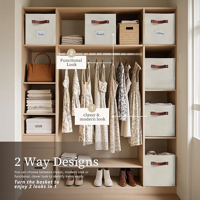 DECOMOMO Storage Bins, Cube Storage Bin with Labels, Fabric Storage Cubes for Shelves (10.5" x 11" / 6pcs, Beige) - Image 4