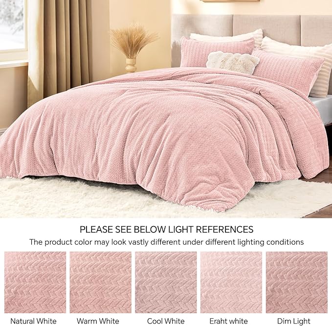 Flannel Fleece Queen Comforter Set - Furry Pink Leaves Pattern Faux Fur Bed Set, Winter Ultra Soft Fuzzy Comfort Set, Velvet Bedding Set for Bed with 2 Pillow Cases