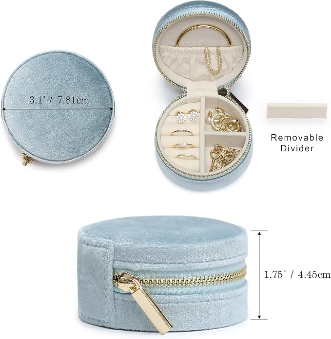 BLUTETE Velvet Travel Jewelry Case Small Round Travel Jewelry Organizer Jewelry Accessory Storage Case Gift Jewelry Box (Sky Blue/Round) - Image 2