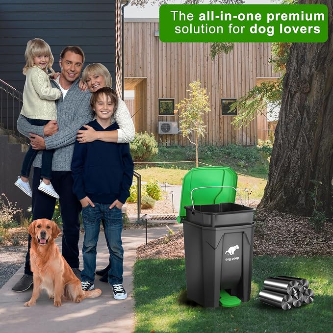 Dog Poop Trash Can Outside, 20L/5Gallon Dog Waste Trash Can with Lid, Pedal and Removable Inner Waste Bin, Pet Poop Bucket with 100 Bags, Green - Image 7