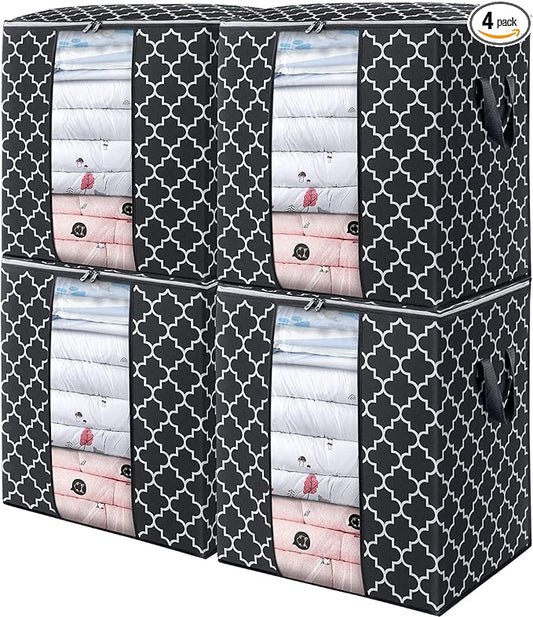 WISELIFE Storage Bags 4 Pack/100L Large Blanket Clothes Organization and Storage Containers for Comforters,Bedding, Foldable Organizer with Reinforced Handle, Clear Window, Sturdy Zippers,Black