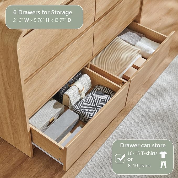 Aitjunz Modern 6 Drawers Dresser for Bedroom, 47" Wide Wood Dressers & Chests of Drawers w/Curved Profile Design, Mid Century Modern Dresser w/Natural Texture for Bedroom, Living Room, Natural Oak