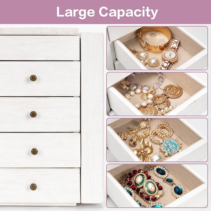 Meangood Jewelry Box Wood for Wowen, 5-Layer Large Organizer Box with Mirror & 4 Drawers for Rings, Earrings, Necklaces, White - Image 6