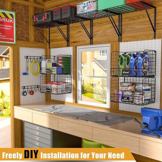 ThreeHio 2 Pack Garage Shelves Wall Mounted with Wire baskets, Heavy Duty Garage Wall Shelving with Hooks, Wire Shelf Baskets Tool Organizer for Home Garden Garage Organization and Storage - Image 7