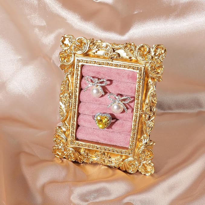Vintage Ring Holder Rectangle Gold Velvet Display Stand - Baroque Jewelry Organizer Box Tray for Wedding Engagement Anniversary Women Birthday Christmas Gift Photograph Prop (MPF05-Gold Pink) by GELVTIC