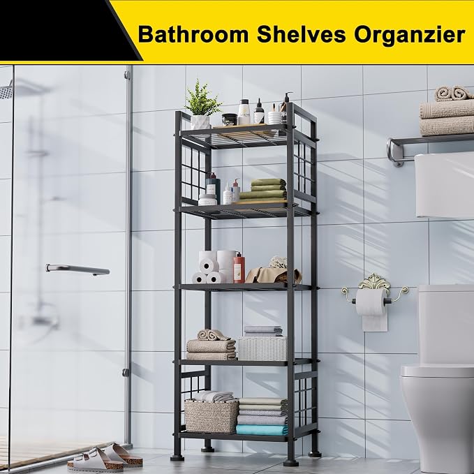 GIOTORENT 5-Wire Standing Book Shelf & Bookcase, Metal Storage Shelving Unit Pantry Rack for Laundry Kitchen Bathroom Organizer, Black - Image 4