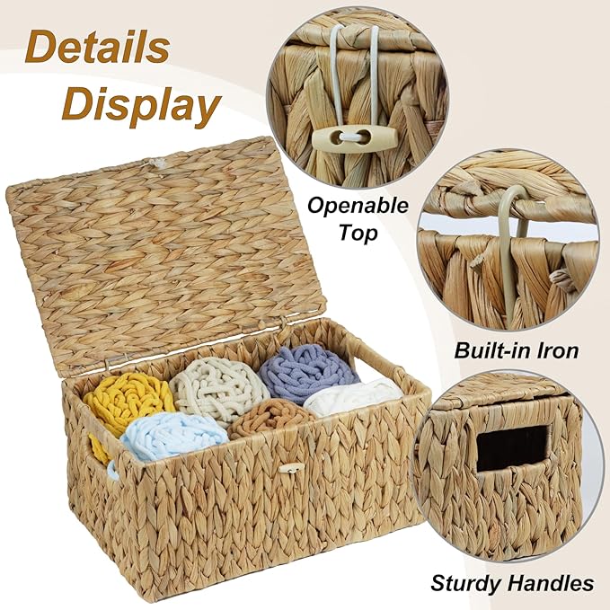 ORDELITE Large Wicker Basket with Lid, Rectangular Water Hyacinth Storage Baskets for Organizing, Woven Basket for Storage, Decorative Boxes Bins with Lids Home Organizer Decor - Image 3