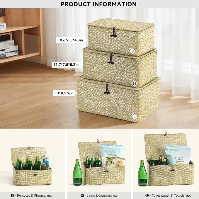 Nonam Storage Basket with Lid, Natural Seagrass Bin with Lid Set of 3, Shelf Baskets Multipurpose Container for Boho Decoration, Rectangular Household Storage Boxes for Home Organization-White - Image 2