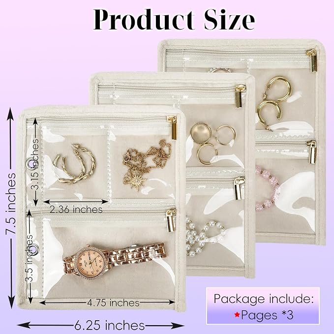 Travel Jewelry Organizer Case, Jewelry Bags Jewelry Storage Book Binder with Clear Zipper Velvet Pouch for Traveling,Earrings, Rings, Necklace, Bracelet (Inner Pages,Beige,3 PCS) - Image 2