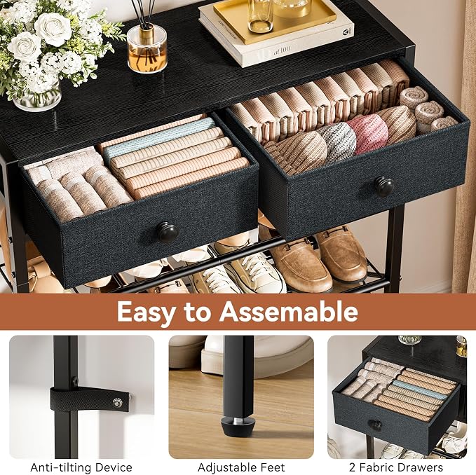 Shoe Rack for Entryway, 5 Tier Shoe Organizer with 2 Non-Woven Drawers, Metal Storage Shoe Shelf for 16-20 Pairs of Shoes, with Wooden Top and Steel Frame, Shoe Stand for Closet Black Grey - Image 5