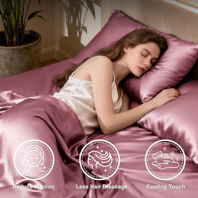 Love's cabin Full Size Satin Sheet Sets - 4 Piece Rose Taupe Silky Sheet Set Full with Deep Pocket, Luxury Silk Feel Bed Sheets Full Bedding Set (1 Flat Sheet,1 Fitted Sheet,2 Pillow Cases)