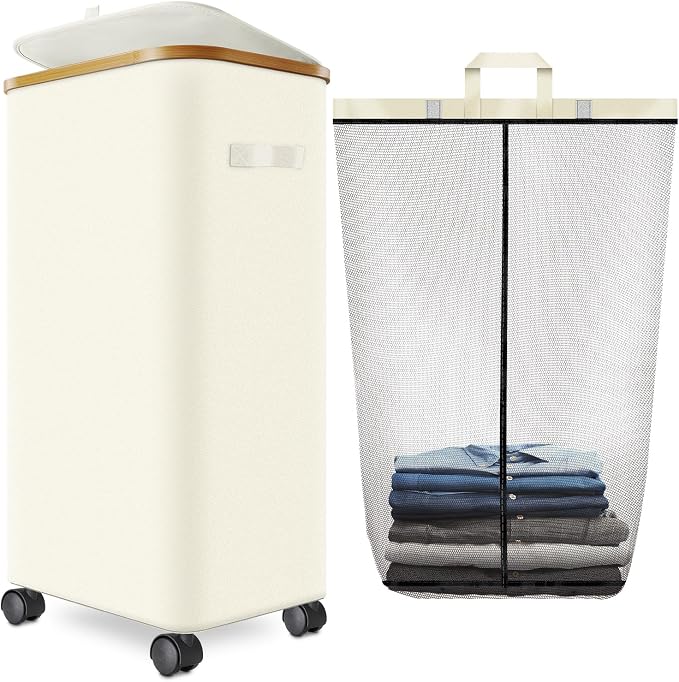 Laundry Hamper with Wheels,29 Gal (110L) Laundry Basket with lid Rolling Clothes Hamper Foldable Dirty Clothes Basket on wheels with Bamboo Frame and Bag for Bedroom, Dorm, Laundry Room-White by Wuevu