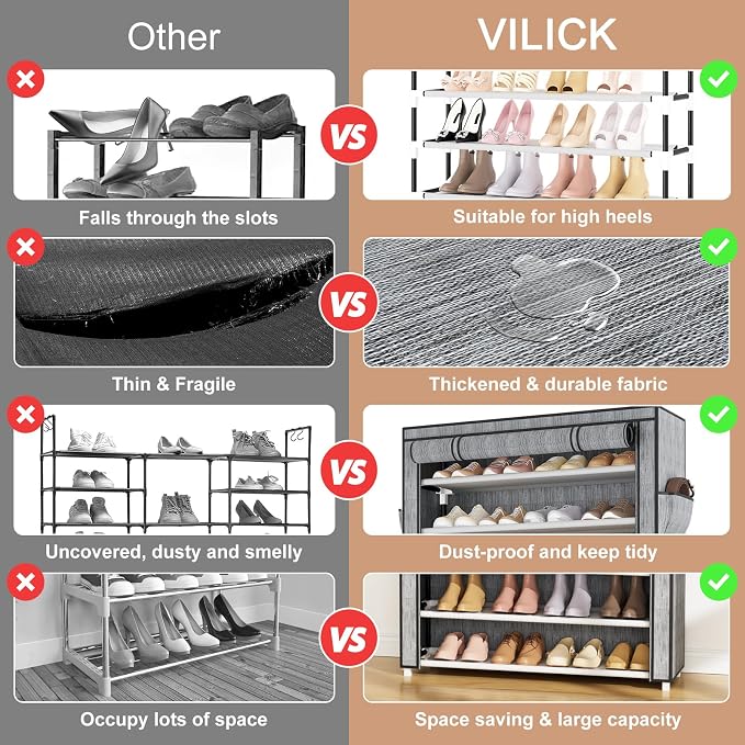 VILICK Shoe Rack with Cover Narrow Shoe Organizer with Pockets 10 Tier Tall Shoe Storage Holds 36-41 Pairs Shoes and Boots Shoe Rack for Closet Entryway Garage, Printing - Image 5