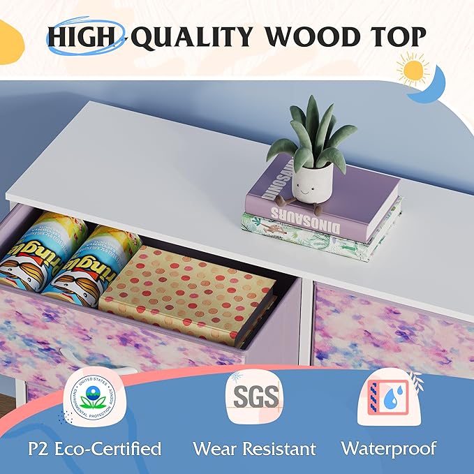 WLIVE Dresser for Bedroom with 5 Drawers, Wide Chest of Drawers for Bedroom, Fabric Dresser for Living Room, Closet, Hallway, Tie-dye Print (Pink, Purple, Blue)