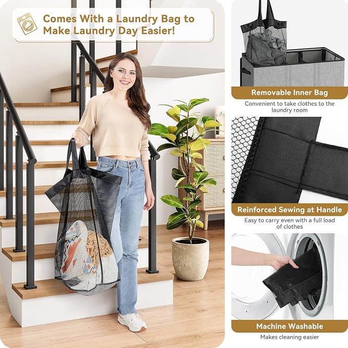 SOLEDI 160L Laundry Hamper 3 Section, Extra Large Laundry Hamper with Lid, Dirty Clothes Hamper with Sturdy Handle, Large Laundry Basket Organizer for Laundry Room, Bedroom, Hampers for Laundry - Image 3