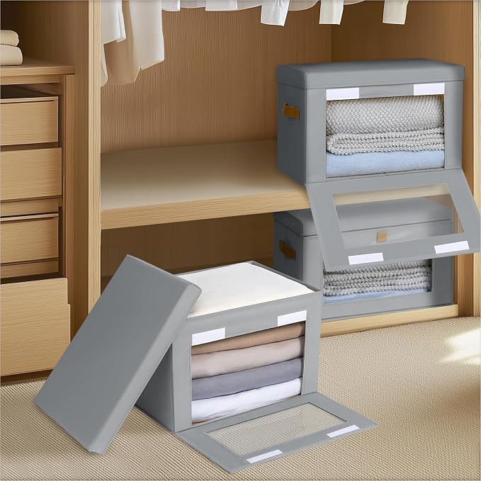 Homsorout Small Fabric Storage bins - Collapsible Storage Bins with Open Window, 6 Pack Closet Baskets for Shelves, Stackable Decorative Boxes for Home, Dorm, Grey, 13.7"x 9.8" x 9.8" - Image 5