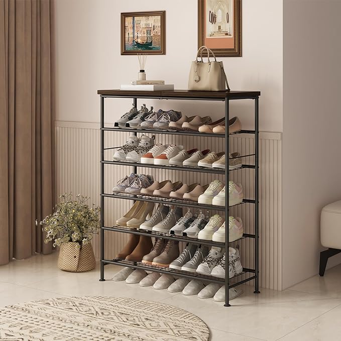 SUOERNUO Shoe Rack Organizer 6 Tier for Closet Entryway Free Standing Metal Storage Shoe Shelf with MDF Top Board，Black - Image 2