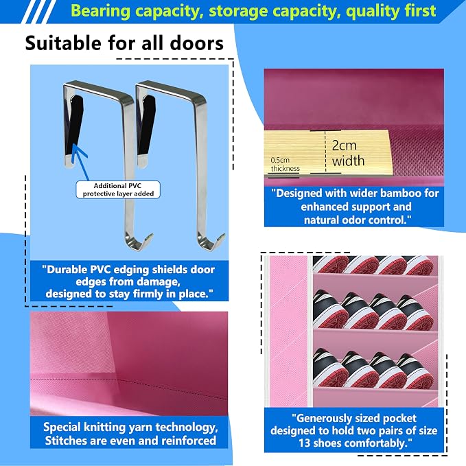 Over The Door Shoe Organizer, 70 Pounds Large Capacity, 20-30-Pair shoe organizer, Heavy Duty-Extra Deep Pockets ,Anti-Scratch Hooks & FSC-Certified Bamboo ,Engineered for Men’s Size 13 shoe,Pink - Image 4