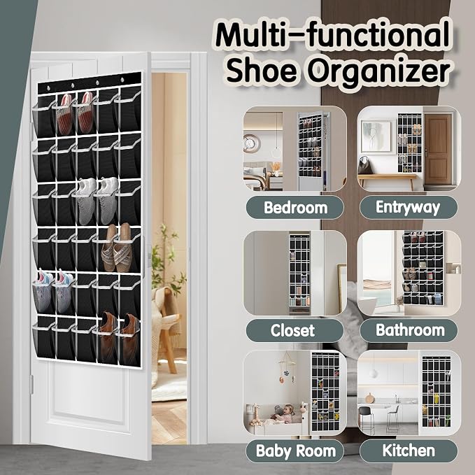 Kotkn Over the Door Shoe Organizer with 30 Breathable Mesh Pockets - Large Capacity Closet Storage for Men & Women, Hanging Shoe Rack Organizer (Solid black) - Image 6