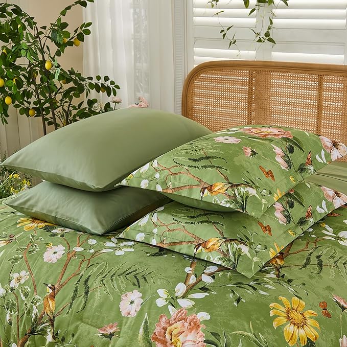 Yiran Sage Green Hibiscus Floral Comforter Set King Size, 7 Piece Bird Flowers Botanical Comforter Bedding Set, Vintage Bed in a Bag, Soft Microfiber Complete Bedding Set with Sheets for All Season